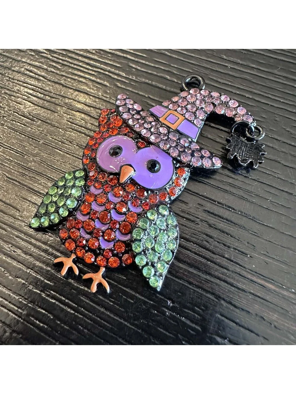 Halloween Rhinestone Owl Black Tone Witch Hat Spider Dangle Pendant Purple New